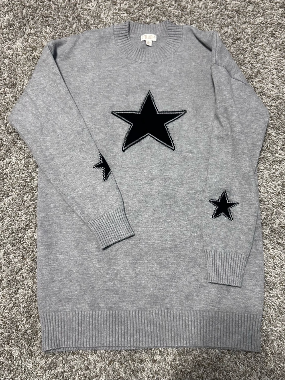 J FOR JUSTIFY GRAY KNIT STAR SWEATER Tunic Crewneck LARGE L PERFECT